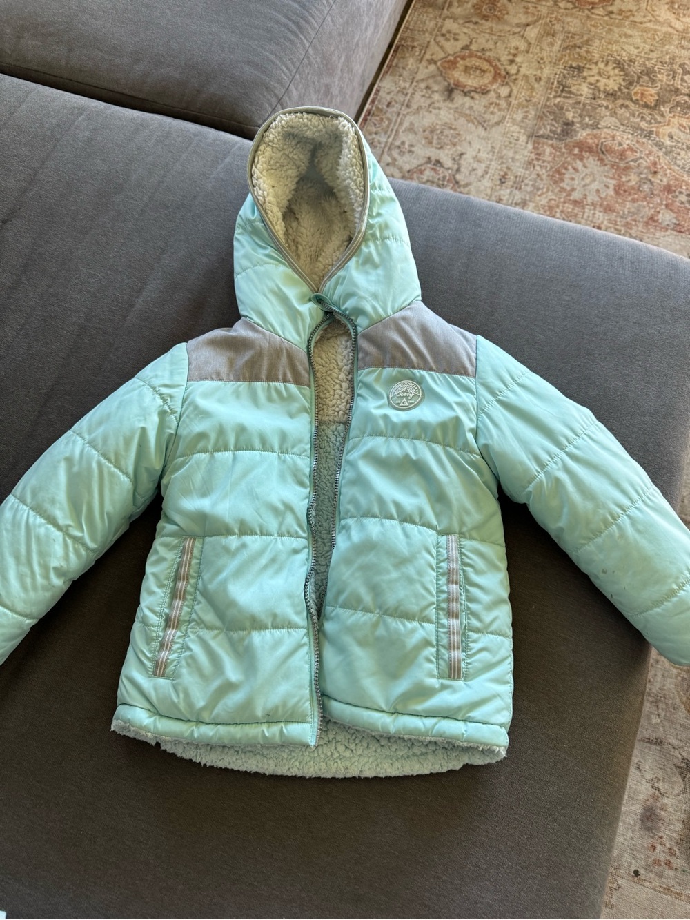 Kids Light Aqua Hooded Puffer Jacket with Sherpa Lining